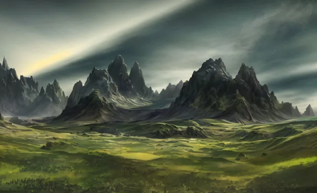 mountains in the distance with a grassy field in front of them, beautiful render of a lan...