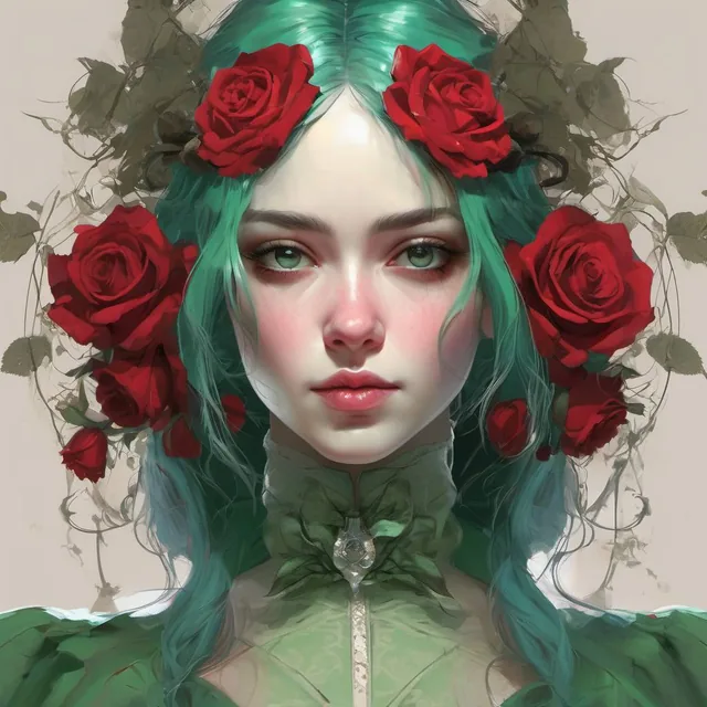 nose::-0.9 portrait young long green haired 1920 Victorian woman, stunning portrait of a...