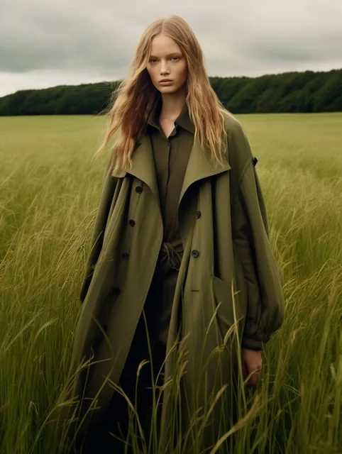 a woman walking through a lush green field, vogue fashion photo, brown tuffle coat, beaut...