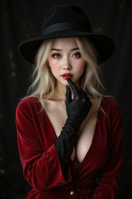 In a captivating and enigmatic portrait set against the backdrop of classic Hollywood gla...