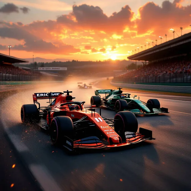 A high-speed Formula 1 race is taking place on a professional circuit during a breathtaki...