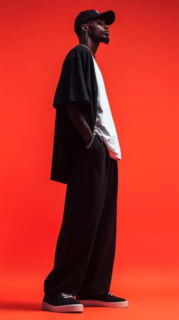 capturing a casual yet stylish vibe, a figure in a loose, oversized black street wearing...
