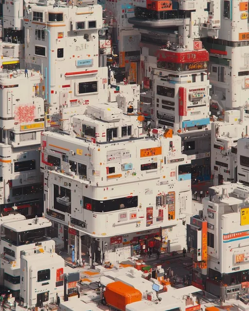 detailed cyberpunk cityscape, multi-level urban structures and buildings, a white futuris...