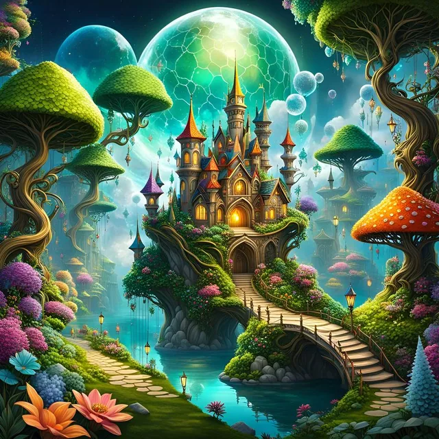 A vibrant, colorful floating city, clouds above a beautiful, enchanted landscape filled w...