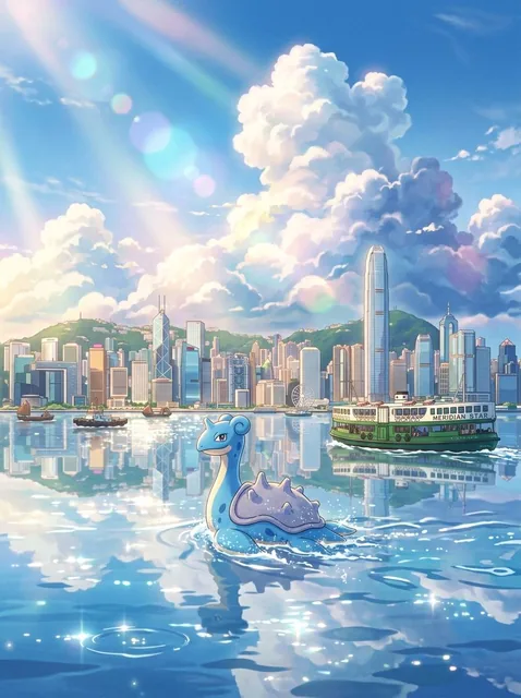 A beautiful Makoto Shinkai style anime illustration of Lapras swimming in Hong Kong's Victoria Harbour. Clear blue sky w