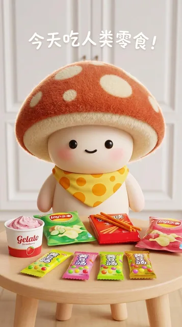A stylized 3D render of a cute, fuzzy mushroom-headed character with a yellow bandana, sitting at a pale beech wood table laden with snacks like gelato, Lay's chips, and candy pack