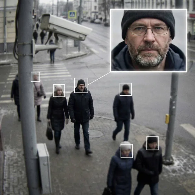 High-angle CCTV surveillance image with white bounding boxes around detected faces, and a magnified, clearer inset of the most prominent person's face connected by a white line.
