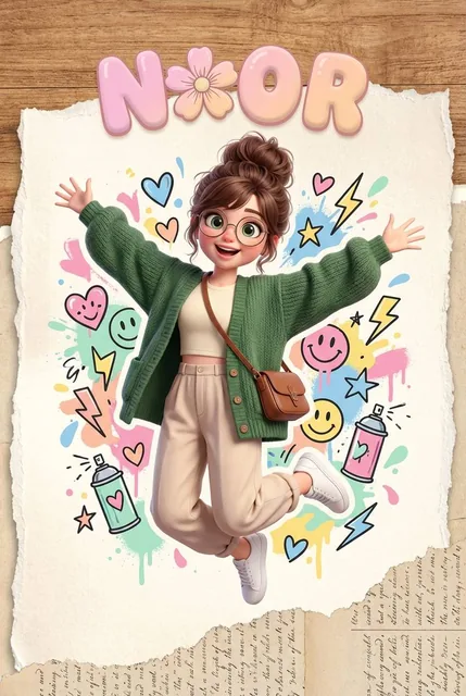 Aesthetic collage featuring a cute 3D animated girl with green eyes and glasses, jumping joyfully, surrounded by colorful graffiti and text 'NOOR 🌸'.