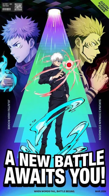 Cyberpunk game art poster with two anime-style characters, one central and illuminated, the other two in profile, set against a dark background with neon gradients and bold text.