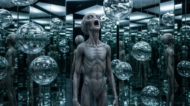 an emotion that cannot be touched but is very real, a full-body photograph of an alien screaming in front of a mirror ma