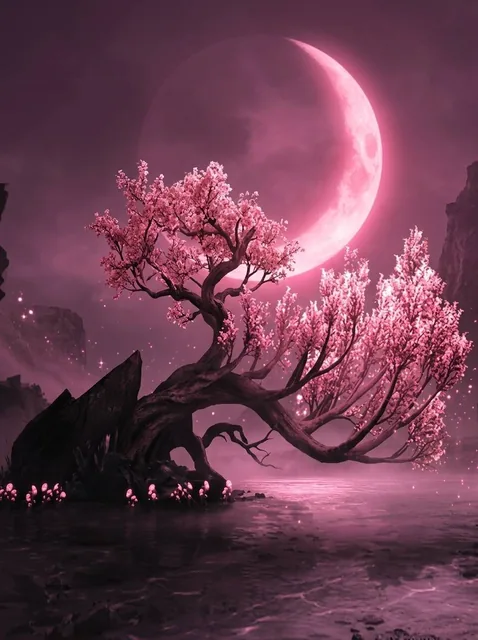 画面中心有一颗树，周围都是水，背面是月亮高照，气氛为粉色，为场景添加电影级的光照，有层次感的画面效果，光线柔和自然