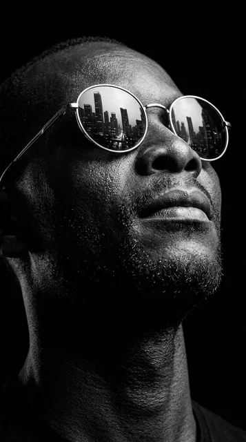 Dramatic, ultra-realistic black and white close-up of a man with a beard wearing reflective sunglasses, gazing upward, with cinematic side lighting and a city skyline reflected in