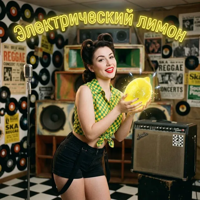 A hyper-realistic vintage pinup photograph of a woman with a victory rolls hairstyle and red lipstick, wearing a checkered crop top and denim shorts, holding a glowing electric yel