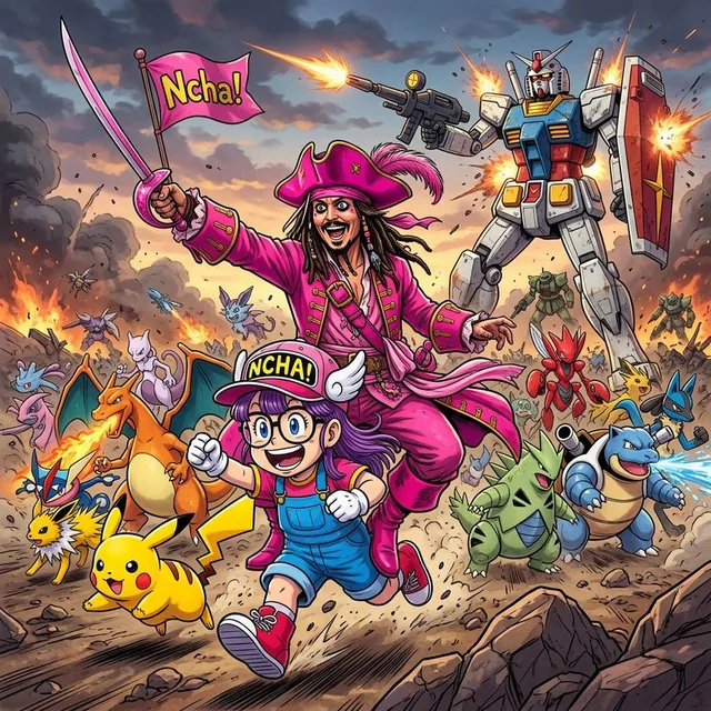 Captain Jack Sparrow in all pink pirate outfits, riding on the back of Arale of Dr. Slump, leading charge of Pokemons ag