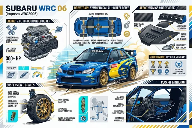 A detailed and visually striking infographic about the Subaru WRC 06, showcasing annotated visuals, diagrams, icons, and color blocks in a layered composition.