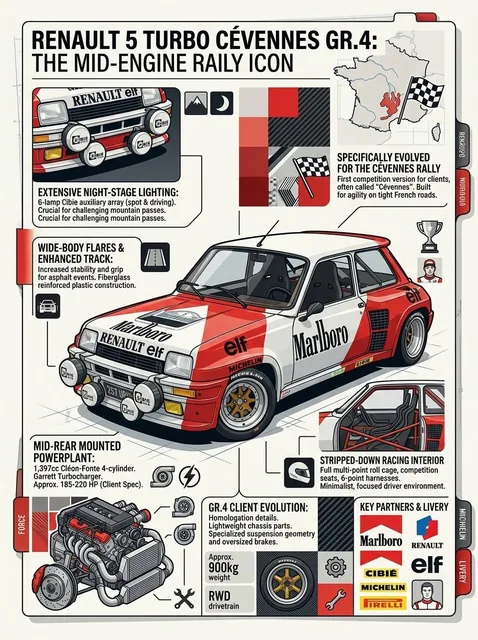 Detailed infographic showcasing the Renault 5 Turbo Cevenne Gr.4, featuring annotated visuals, diagrams, icons, and color blocks on a clean background.