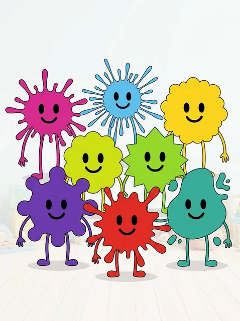 I want to generate seven characters for a pediatric use. Vector format. They should have two eyes, one smile, two legs,