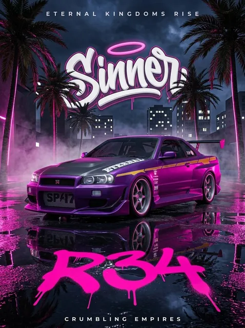 A Nissan Skyline GTR R34 sports car in a retro-futuristic style, parked on a wet street at night under neon magenta lighting, with 'Sinner' and 'R34' graffiti text.