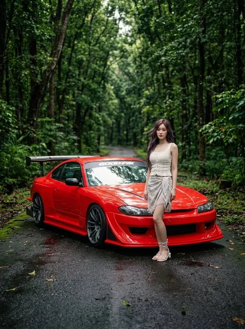 Cinematic, ultra-realistic photo of a young Asian woman in beach outfits standing confidently next to a red Nissan Silvia S15 sports car on a sunny beach, with a wide-angle lens pe