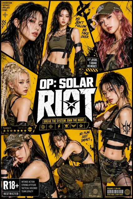 Collage poster of a K-pop girl group styled as action video game characters, with bold comic-panel borders, a central parody logo, and tactical outfits.