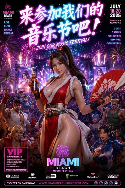 High-energy music festival poster set on Miami Beach at night, featuring a central female character in a red and white outfit, surrounded by anime characters and a concert stage wi
