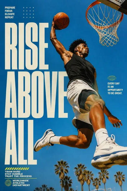 A dynamic poster featuring a sunlit subject in action, with bold cream block typography, diagonal crops, and vibrant blue sky background elements, in a kinetic photo poster style.