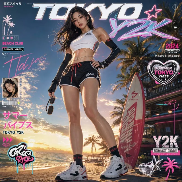 Vertical 9:16 premium Tokyo Y2K beach campaign poster of Tifa Lockhart, a beautiful 25-year-old Japanese-Korean woman with black hair, posing confidently on a tropical beach at sun