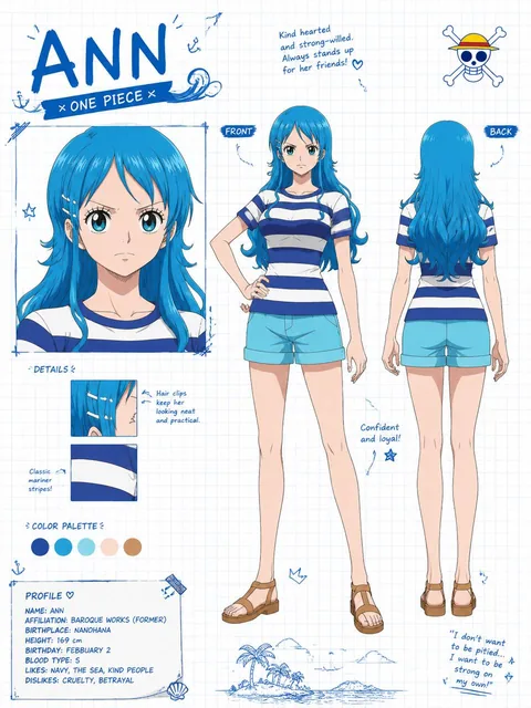 Wide horizontal character reference sheet of Ann from One Piece, featuring front close-up, standing front pose with hand on hip, and back-facing pose on white grid paper.
