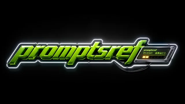 3D rendered 'promptsref' logo in vibrant lime green, with sharp chamfered edges, a Y2K motorsport style, an integrated technical screen, and a glowing white neon outline against a