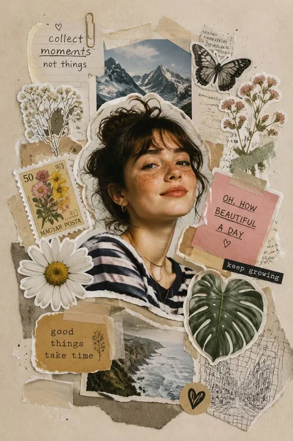 A central subject surrounded by sticker elements that feel cut-out and layered like a scrapbook.