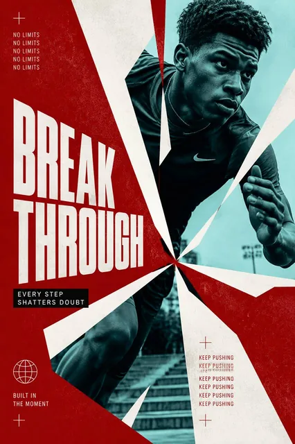 An energetic editorial poster with a scarlet grain field, oversized white geometric shards, and cyan-tinted photography, featuring modern sans-serif typography.