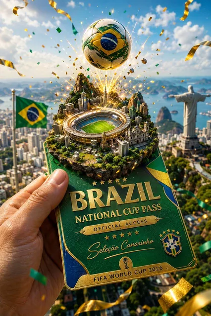 A realistic human hand holds a luxury national tournament pass featuring a miniature stadium diorama and embossed gold text, set against a tilt-shift view of a city skyline with fe