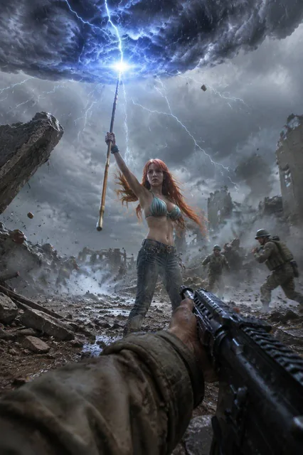 POV from a Marine soldier's perspective on an iPhone 16 Pro, showing Nami from One Piece casting a thunder spell with her staff amidst a chaotic battlefield with lightning and wind