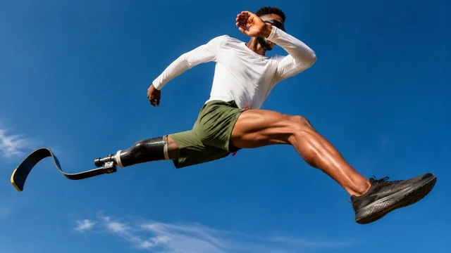 Athletic dark-skinned man in mid-stride, leaping powerfully against a clear blue sky, with a black carbon-fiber running blade prosthetic.