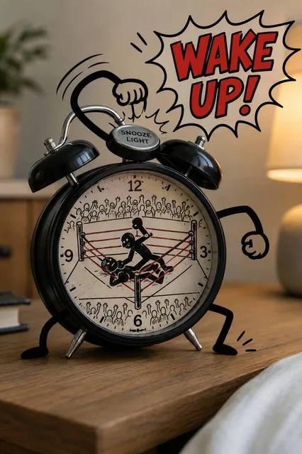 Photo of an alarm clock, but doodled arms and legs punching the snooze button, with "WAKE UP!" in a comic font. - Variat