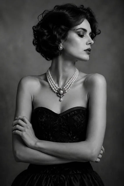 Black and white studio fashion portrait, elegant woman in a strapless black embroidered dress, dramatic pearl necklace,
