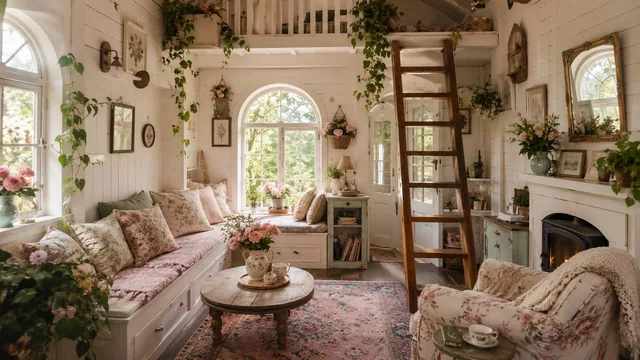 A tiny cottagecore living room filled with soft daylight, white paneled walls, arched windows, floral cushions, vintage
