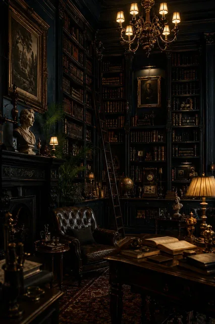 A moody dark academia home library, towering black wood bookshelves packed with old leather-bound books, ornate chandeli