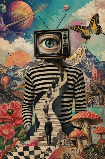 A surreal mixed-media collage dreamscape, a striped-shirt figure with a vintage television head showing a single eye, wh