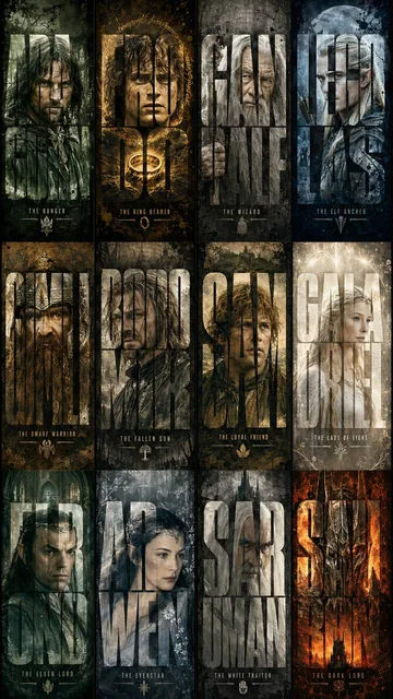 A high-contrast, cinematic graphic design poster for The Lord of the Rings, displaying a 2x6 grid of iconic characters with their names and portraits integrated into the letterform