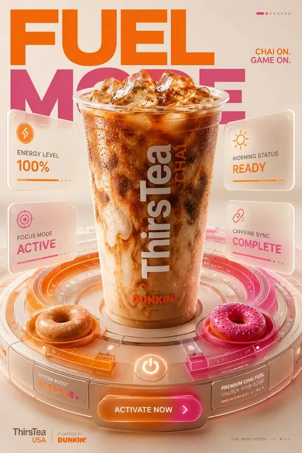 A ThirsTea iced Chai is presented as a central control interface on a futuristic dashboard, with UI panels displaying energy levels and focus modes, set against a minimalist cream