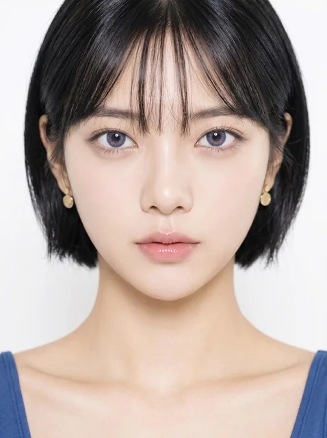 Ultra close-up beauty portrait of a young East Asian woman with a short black bob and see-through bangs, large violet-gray eyes, and fair porcelain skin, set against a clean white