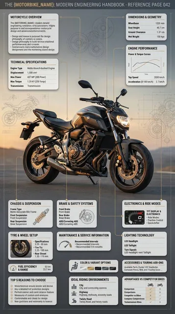 A square, premium infographic showcasing the Nano-Banana motorcycle with detailed callouts on its engine, chassis, suspension, and electronics, presented in a clean, encyclopedia-l