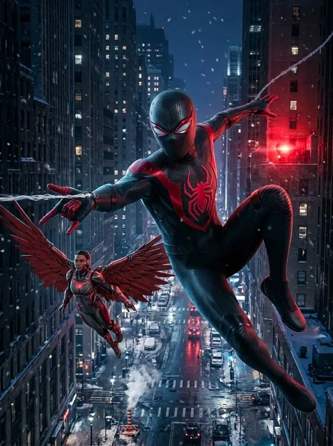 A masked vigilante in a black bodysuit with crimson accents swings through a snowy city at night, accompanied by a winged heroine, captured in a cinematic style with motion blur an