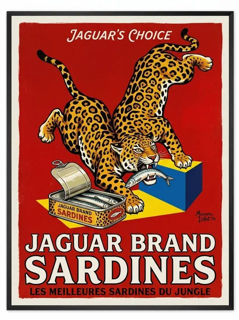 advertisement poster, jaguar eating sardines. same style.