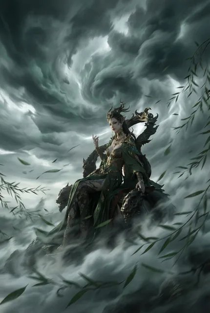 Digital CG ultra-wide-angle landscape with swirling mist, foreground willow leaves, and strong perspective, evoking an oppressive, majestic Eastern ancient fantasy atmosphere with
