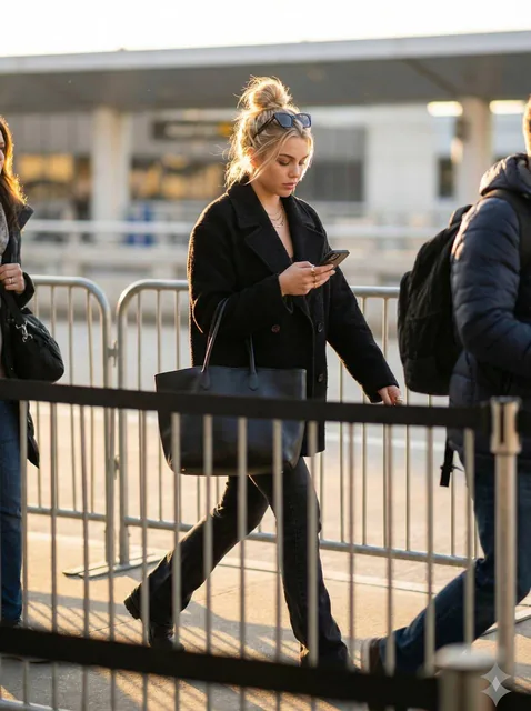A candid, full-body shot of a person at an airport, wearing a black textured coat, jeans, and carrying a leather bag, with sunlight creating a rim light effect on their hair.