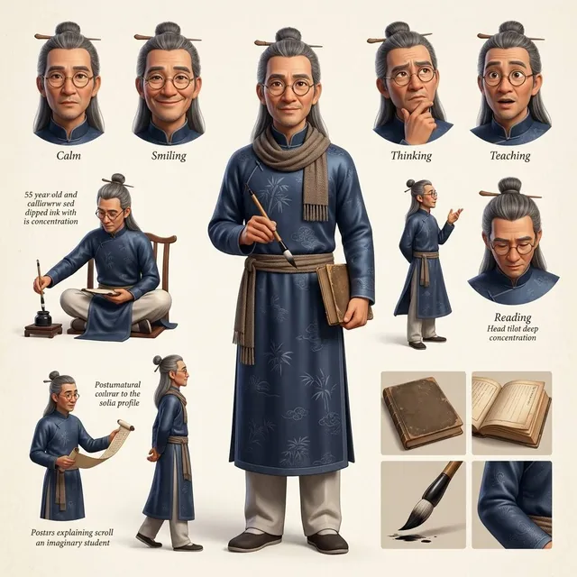 A wise Vietnamese scholar character, around 55 years old, with a calm and intelligent expression, wearing a dark blue áo dài, round glasses, holding a book and brush, in a traditio