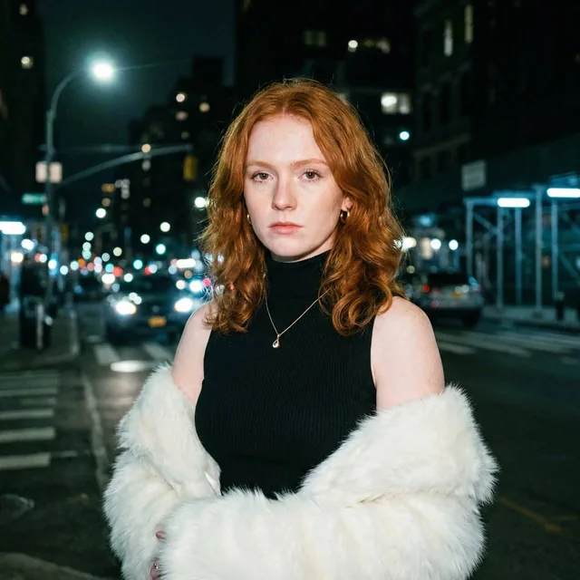 A young woman with shoulder-length, wavy copper-red hair and fair, freckled skin stands in an urban street at night, looking directly at the camera with a serious expression, weari