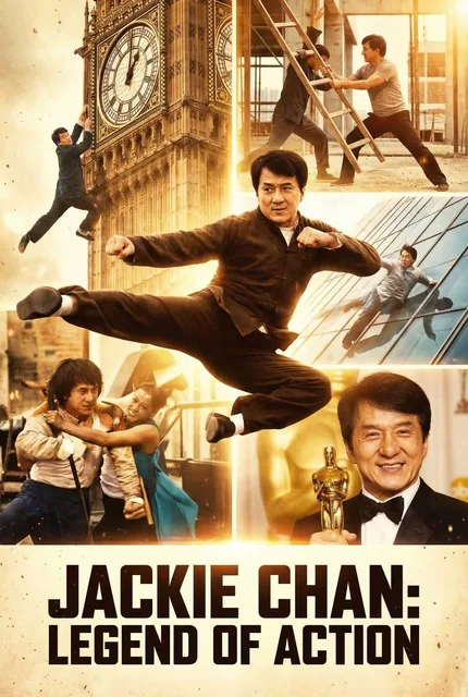 Create an epic poster showcasing the most iconic moments of [Jackie Chan] career. epic, cinematic, lens flare